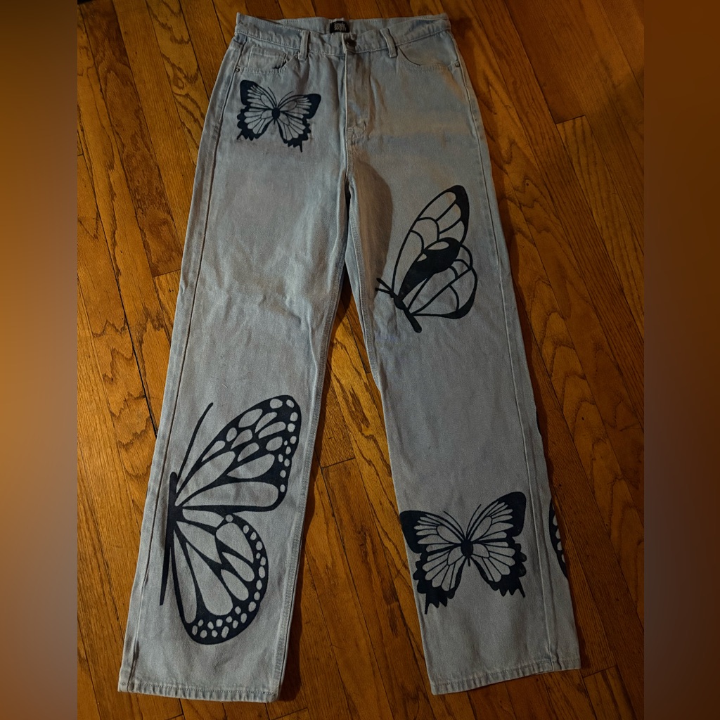 Simple Society Butterfly Print Straight Leg Jeans Size 29 Y2k
